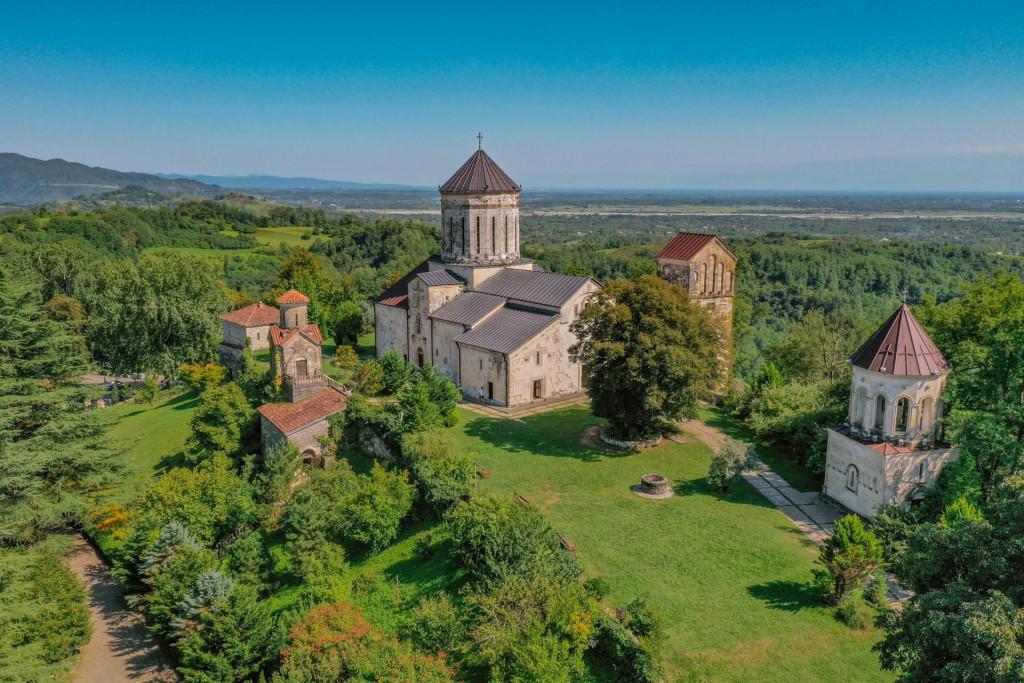 Martvili monastery above green hills